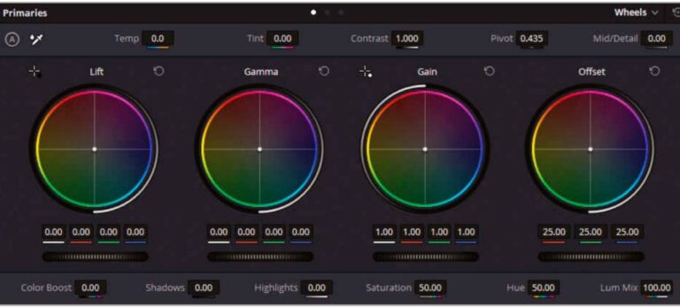 Roues de couleurs DaVinci Resolve 17.  Image du guide officiel.